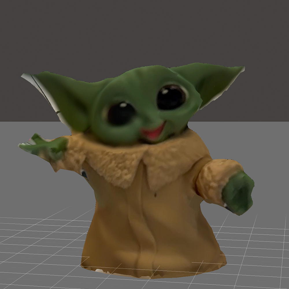This is the 3d model of baby yoda (Grogu) in meshmixer after using scaniverse.